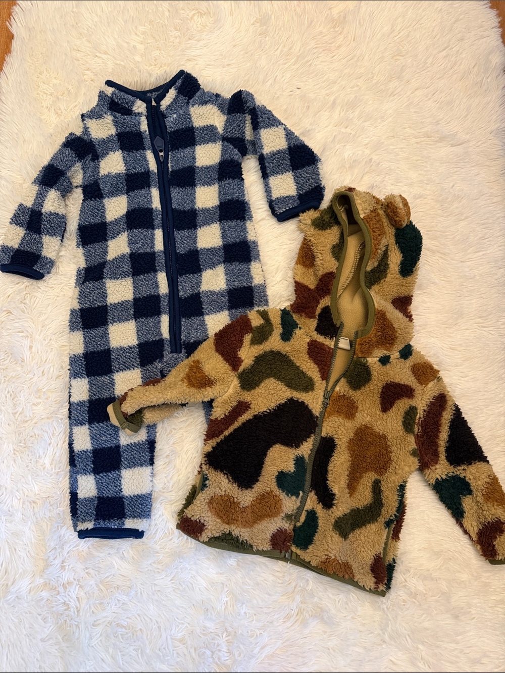 NWOT Cozy Teddy Fleece Camouflage Zip Hoodie + Blue Check Fleece Jumpsuit 12 Mos